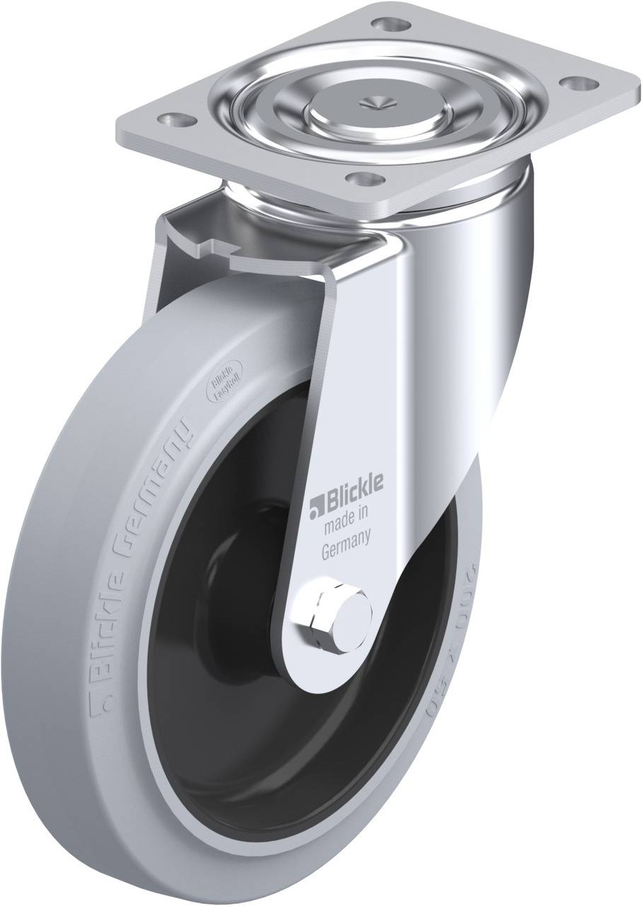 Schwenkrolle aus Metall mit grauem Rad und Befestigungsplatte, hergestellt in Deutschland.