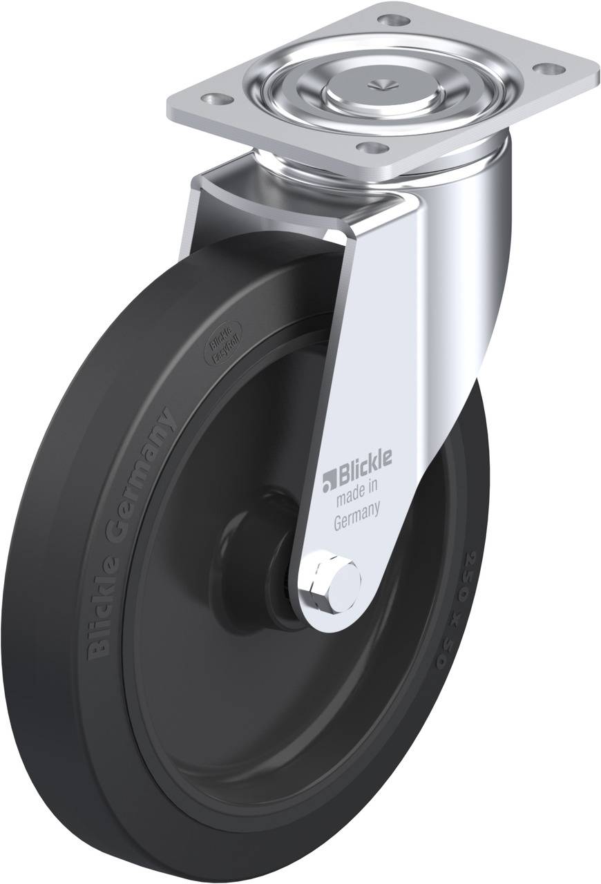 Schwenkrolle mit grauem Rad und silberner Halterung, Aufschrift 'Blickle made in Germany' erkennbar. Industrielles Design.