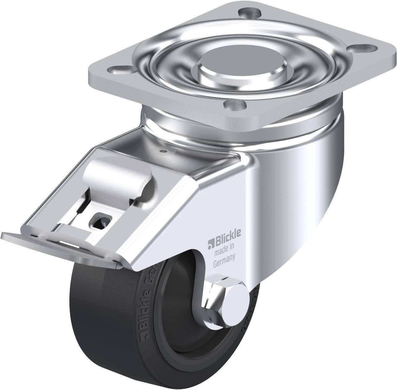 Schwenkrolle mit Metallgehäuse, kugelgelagert, schwarze Lauffläche. Markierung 'Blickle - made in Germany' auf der Seite.