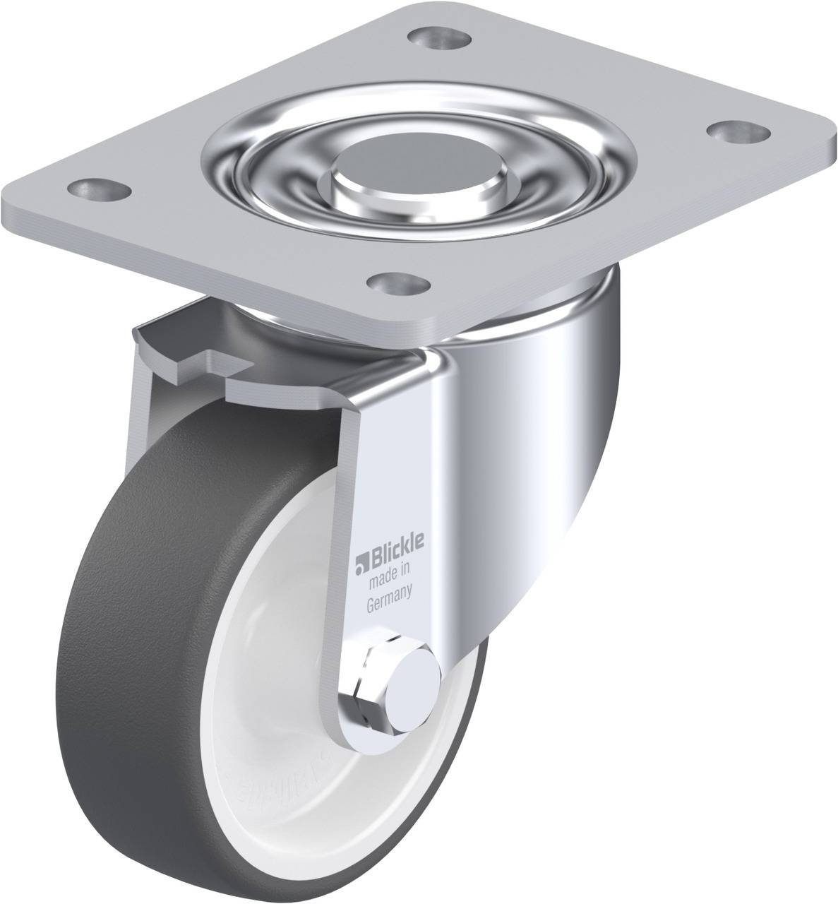 Metallrolle mit grauem Gummi und Befestigungsplatte; Etikett 'Blickle made in Germany'.