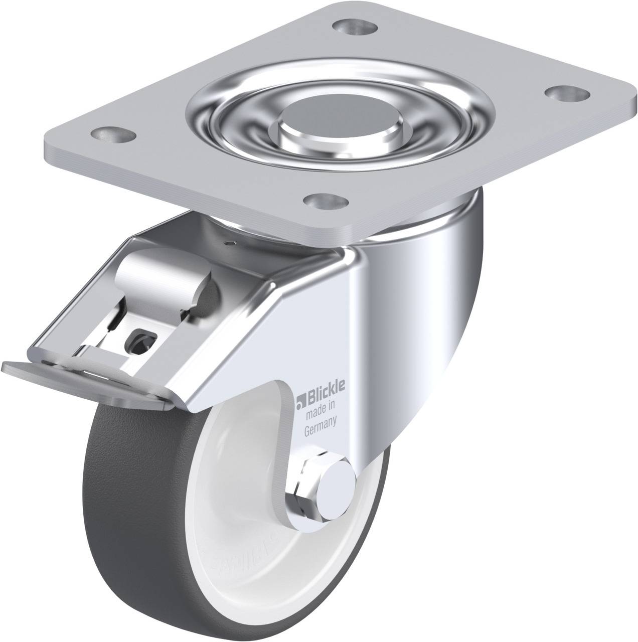Ein silbernes Lenkrollenrad mit Montageplatte. Geeignet für Möbel oder Transportgeräte auf rutschfesten Böden.