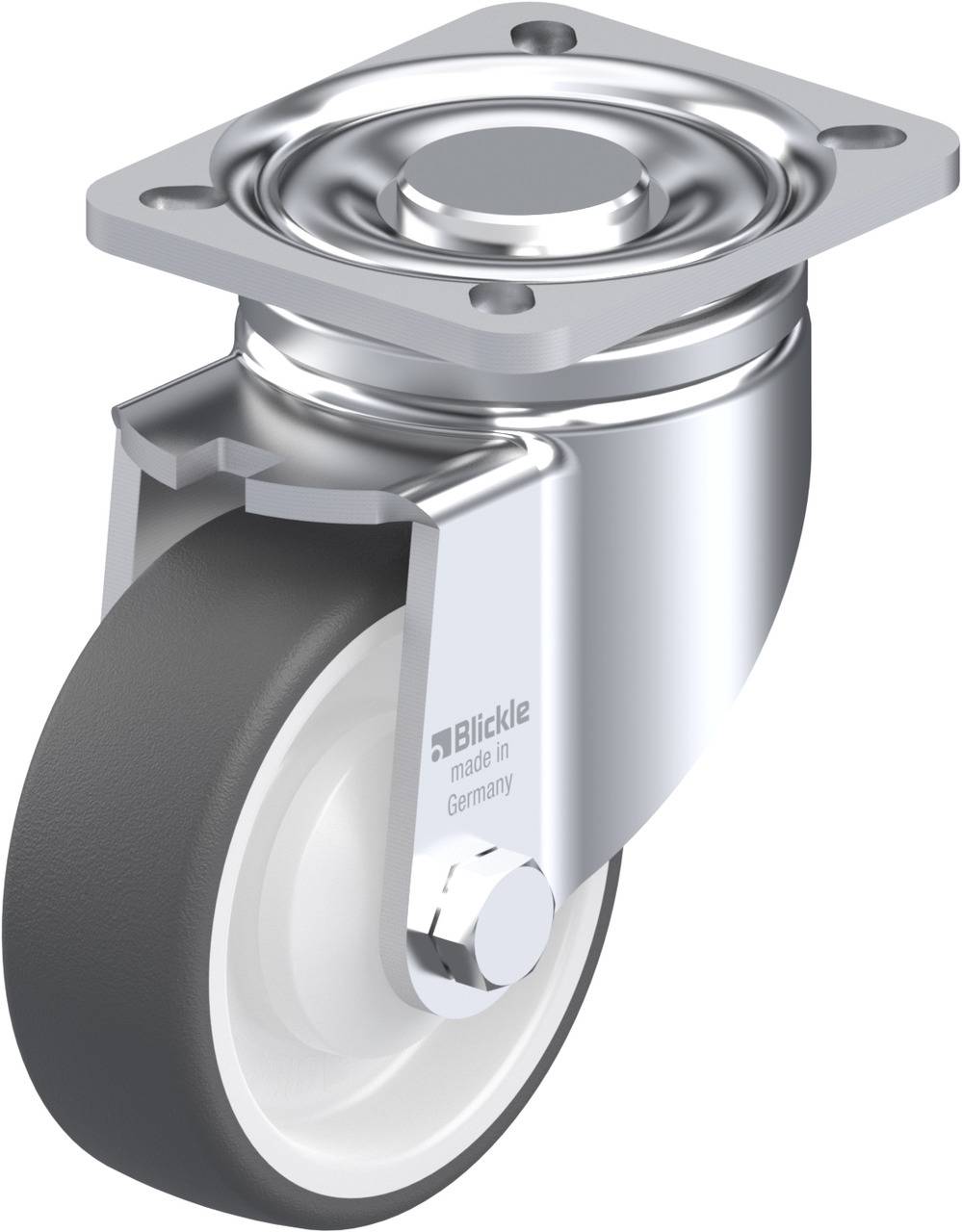 Schwenkrolle mit festem, hellgrauem Rad und Metallgehäuse, geeignet für industrielle Anwendungen.