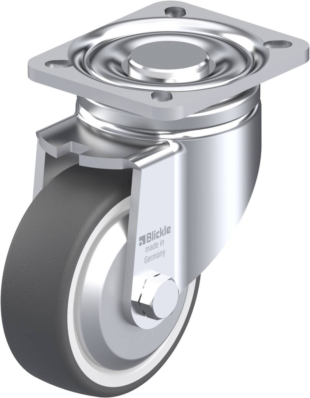 Eine drehbare Transportrolle aus Metall mit einer gummierten Lauffläche und einer Befestigungsplatte.