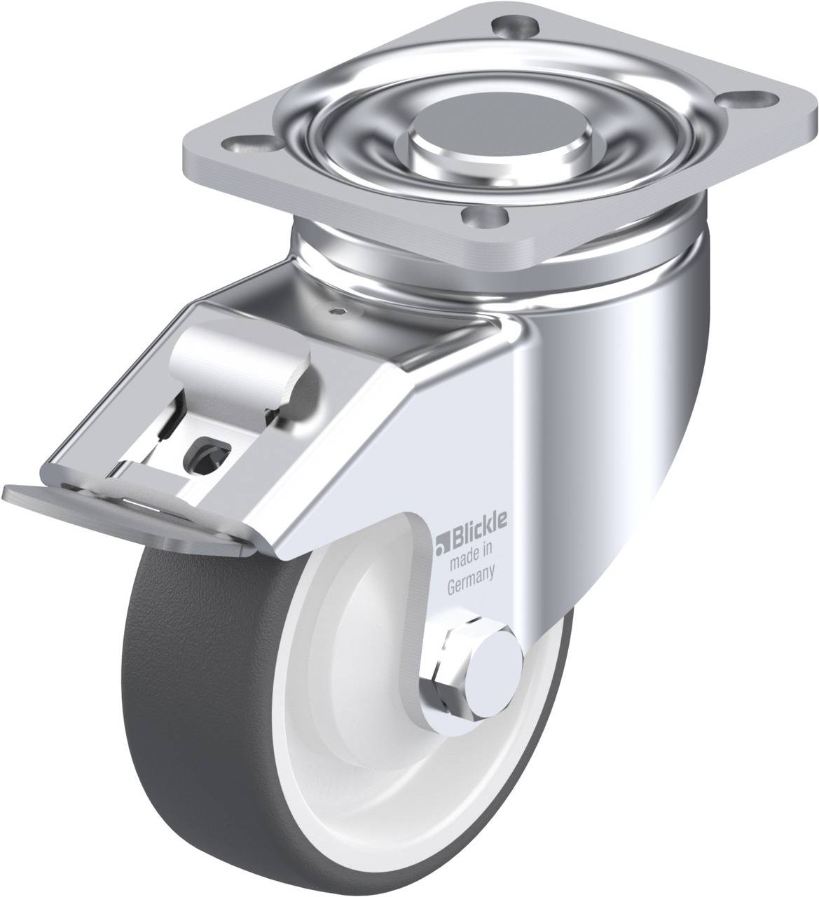 Metallrolle mit grauem Rad und oberem Befestigungsplatte, geeignet für Möbel oder Geräte. Robust und für verschiedene Anwendungen geeignet.