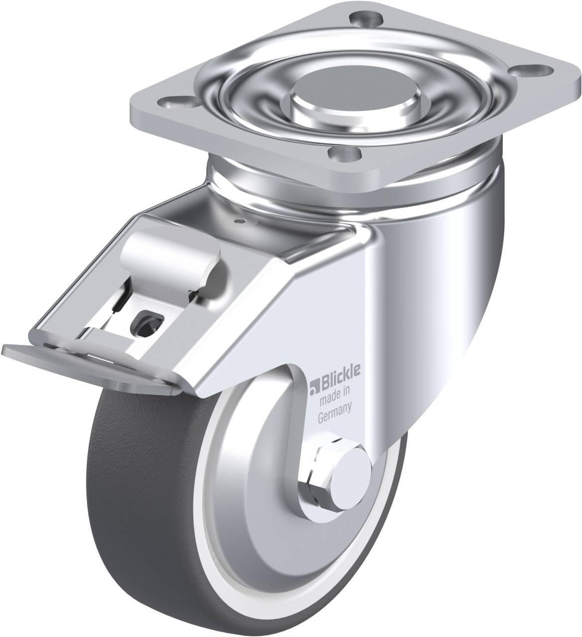 Metallisches Lenkrollenrad mit grauer Gummilauffläche und Montagesockel.