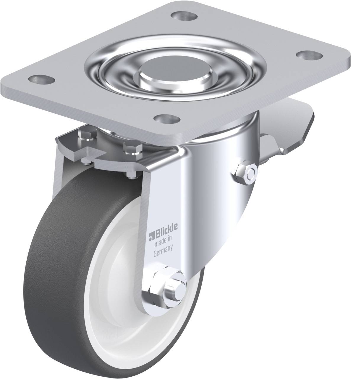 Industrie-Lenkrolle mit grauem Rad, Metallgehäuse und Befestigungsplatte, hergestellt von Bickle in Deutschland.