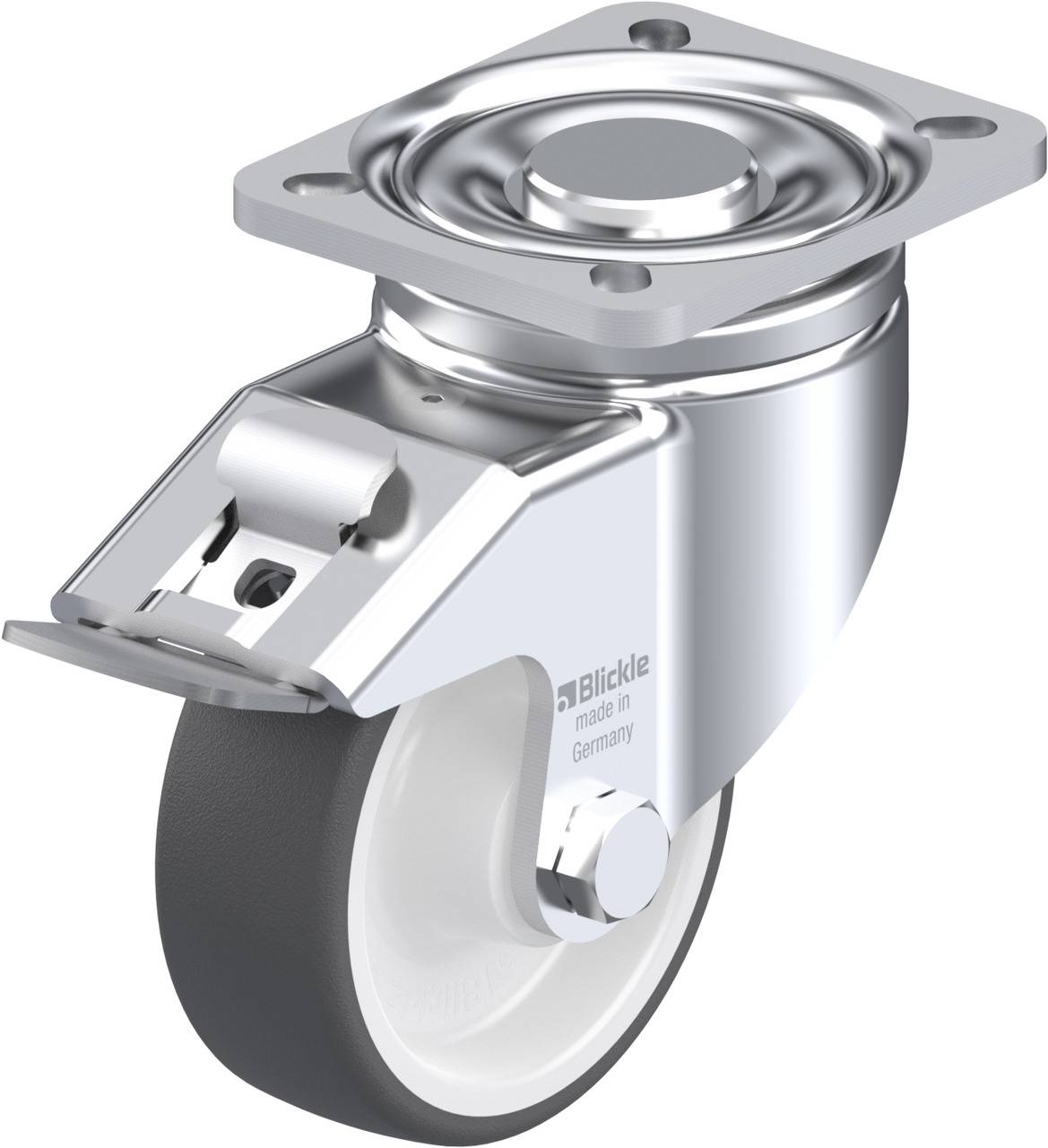 Metallisches Lenkrollenrad mit Befestigungsplatte und grauer Gummilauffläche, geeignet für industrielle Anwendungen.