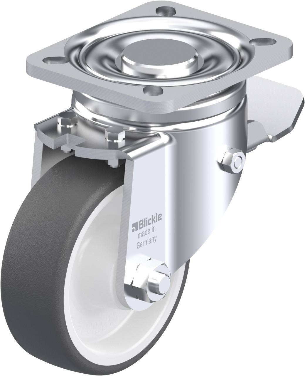 Metallrolle mit Gummirad und drehbarem Befestigungsplatte, geeignet für industrielle Anwendungen. Herstellername 'Blickle' sichtbar.