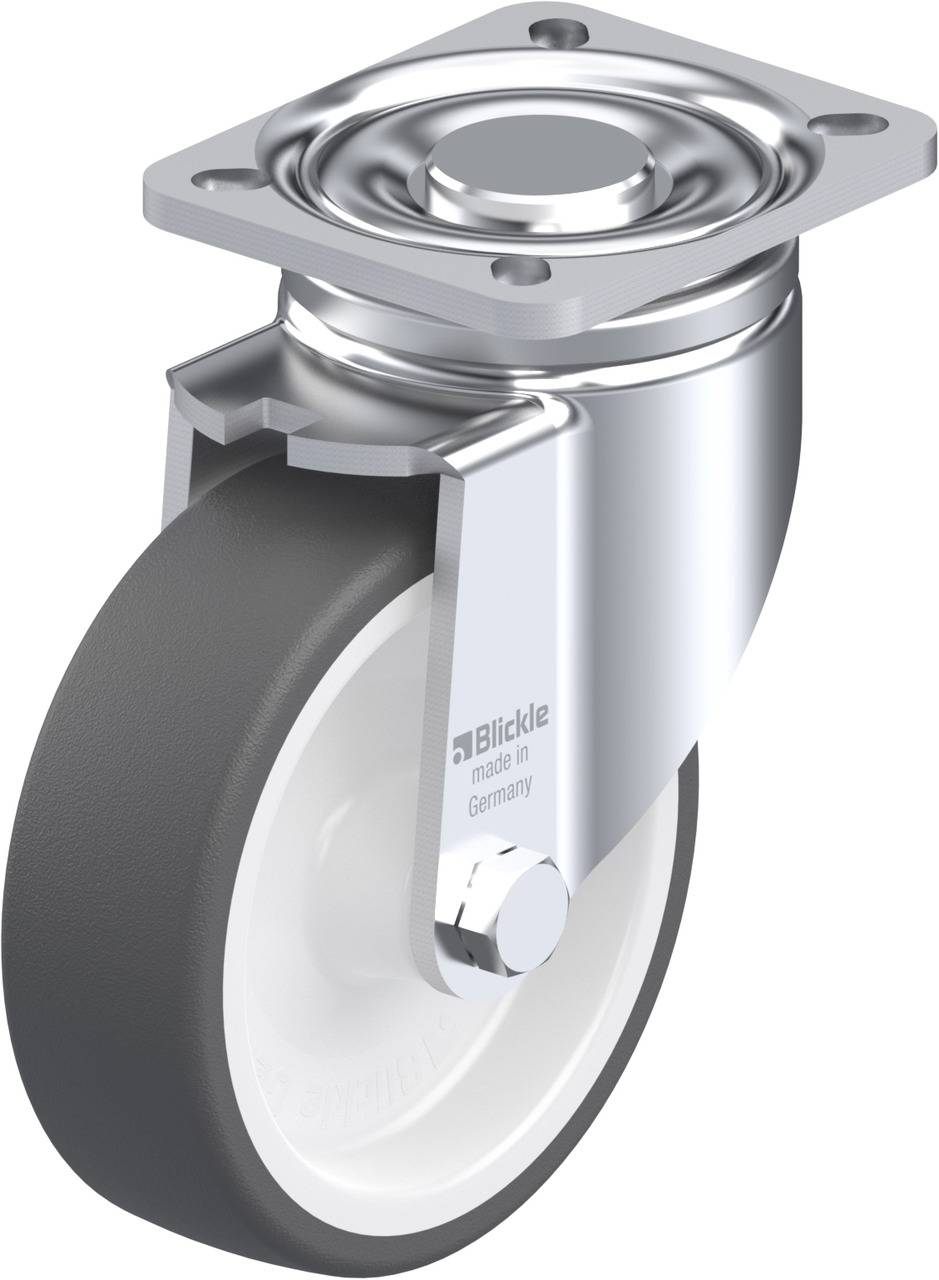 Eine silberne Lenkrolle mit schwarzem Rad und weißem Innenring. Oberes Befestigungselement aus Metall, vermutlich für industrielle Nutzung.