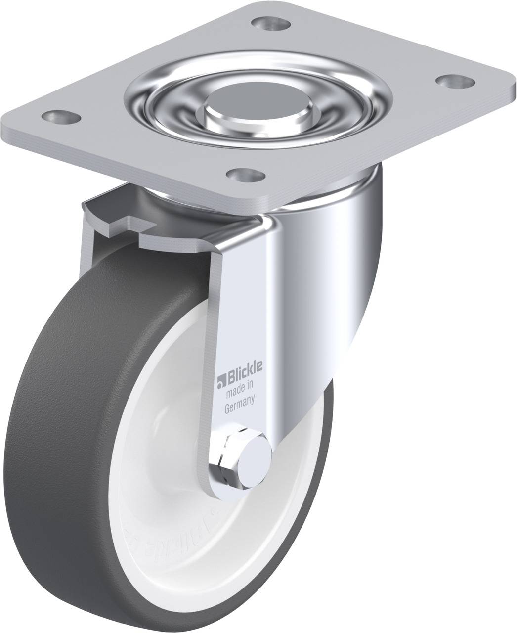 Silbergraue Lenkrolle mit grauem Rad und rechteckiger Metallplatte zur Befestigung. Aufschrift 'Blickle – Made in Germany'.
