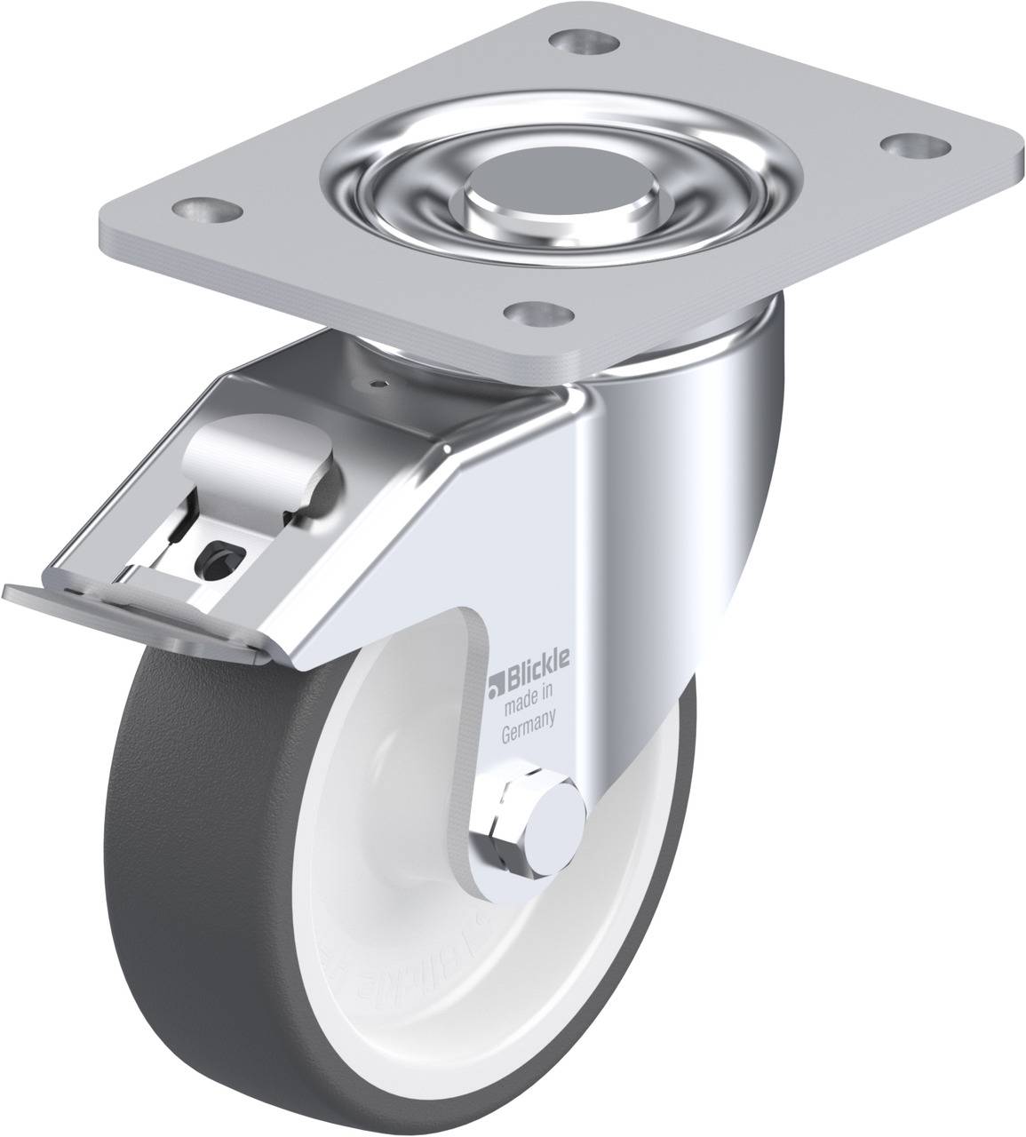Eine schwenkbare Rolle mit Metallgehäuse und weißem Rad, montiert auf einer Metallplatte mit vier Bohrlöchern.