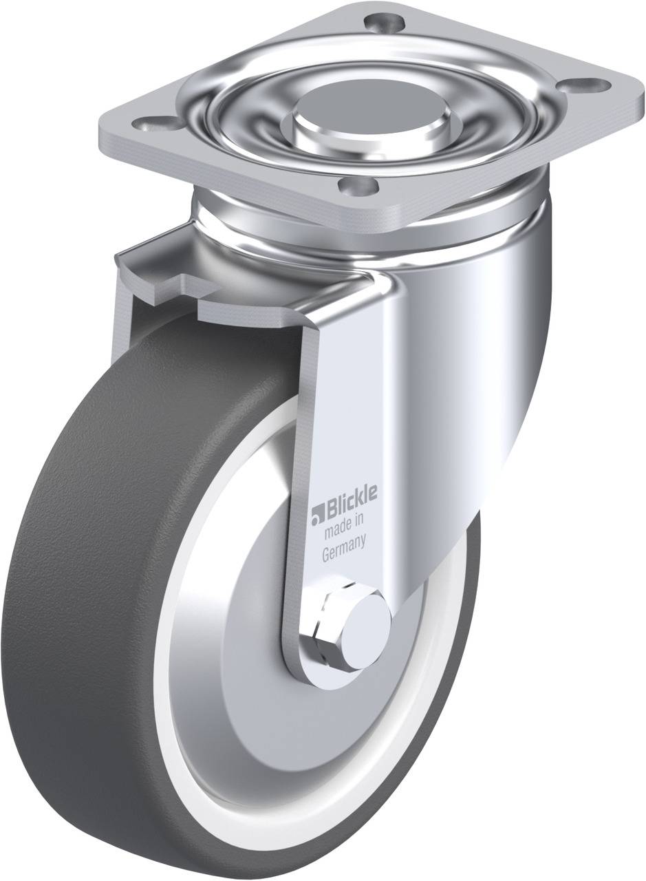 Industrie-Lenkrolle aus Metall mit grauem Rad, geeignet für schwere Lasten.