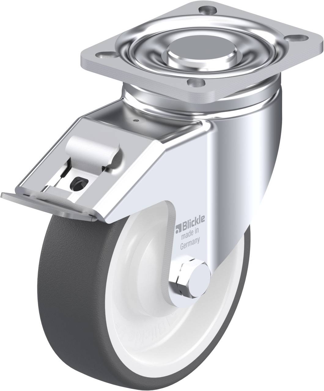 Drehbare Apparaterolle aus Metall und Kunststoff, mit grauem Rad und Befestigungsplatte.