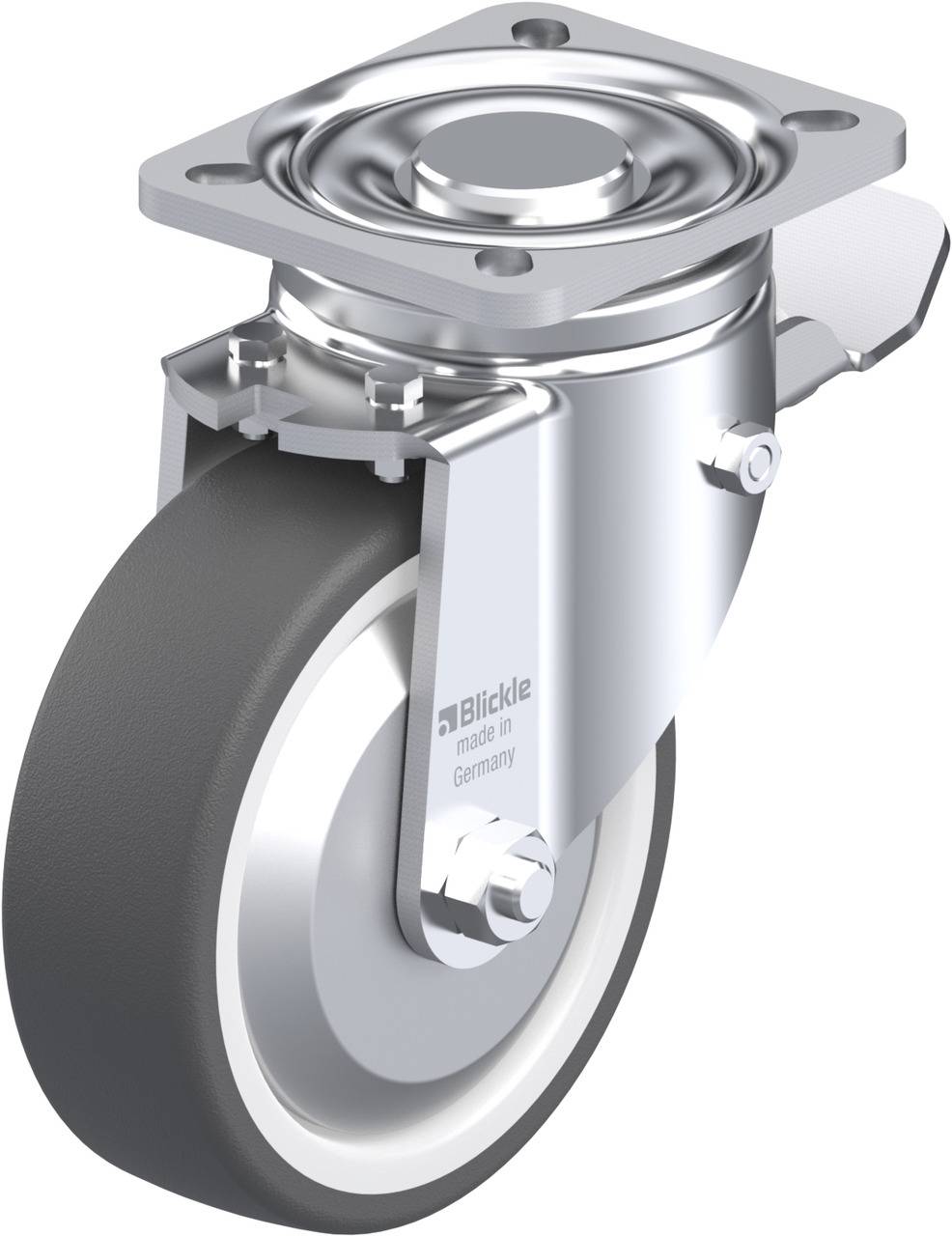 Metallenes Schwenkrolle mit grauem Rad auf einer Montageplatte. Gedacht für industrielle Anwendungen und einfache Manövrierbarkeit.