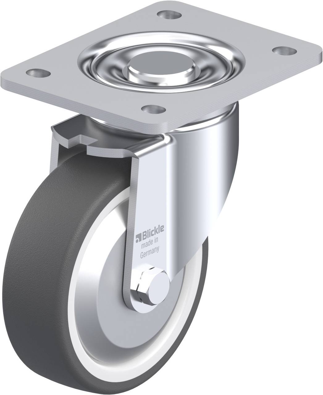 Ein silbernes Lenkrollenrad mit schwarzem Gummireifen und Befestigungsplatte für Möbel oder Transportgeräte.