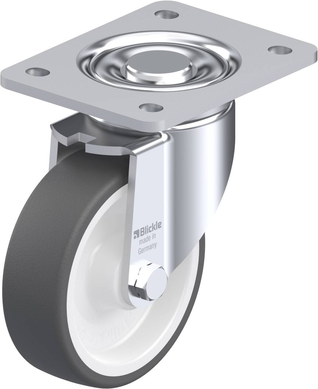 Schwenkrolle mit grauem Gummirad und metallener Halterung. Geeignet für Möbel oder Transportwagen. Text zeigt 'Blickle - Made in Germany'.