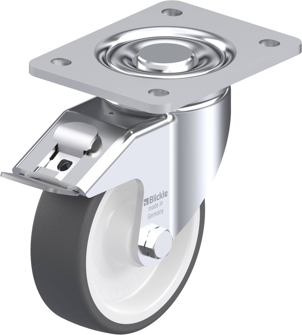 Metallrolle mit schwarzem Rad, Metallgehäuse und Befestigungsplatte, geeignet für Möbel oder Industriegeräte.