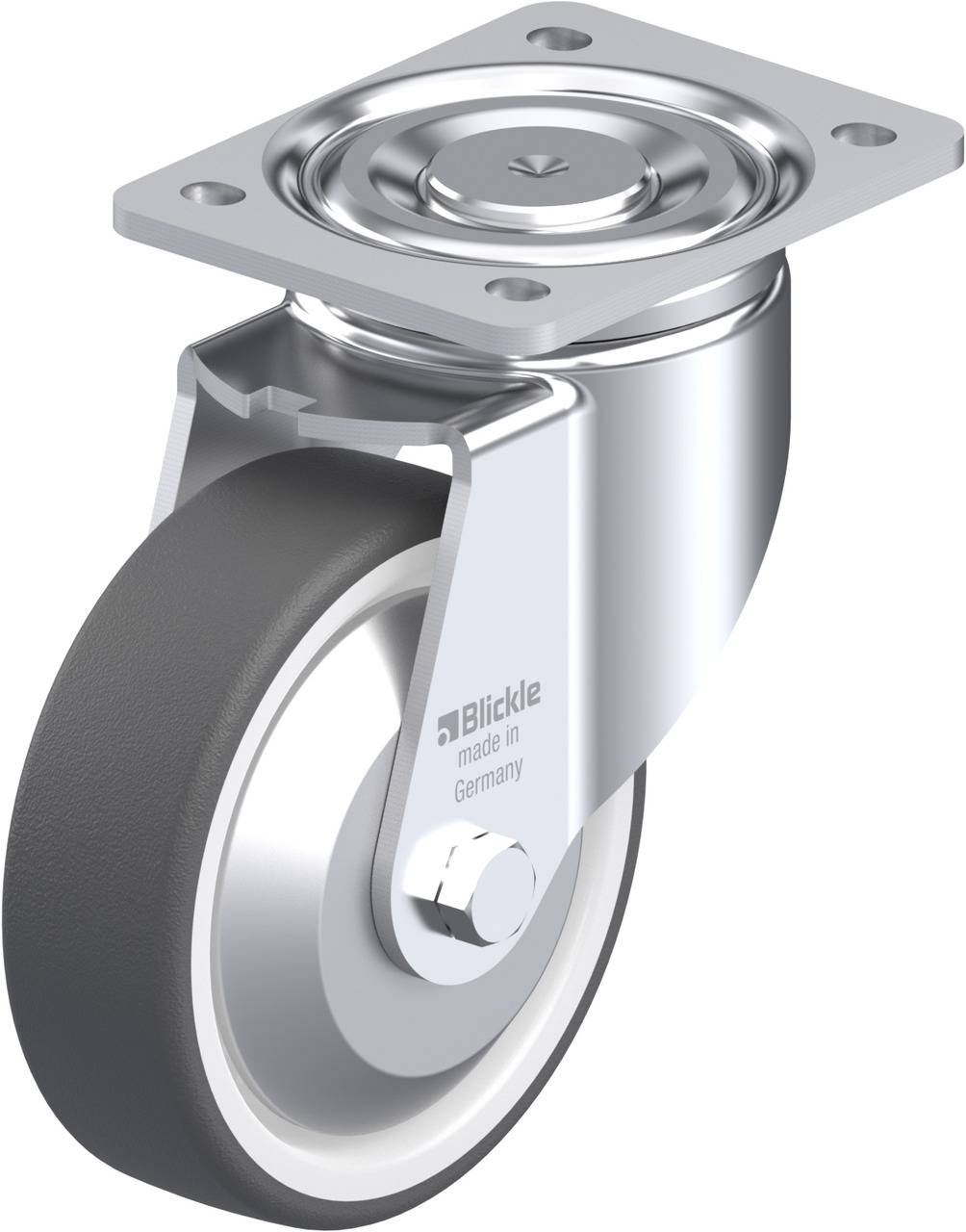 Ein silbernes Transportrollen mit grauem Rad, Beschriftung 'Blickle, Made in Germany', geeignet für Möbel und industrielle Anwendungen.