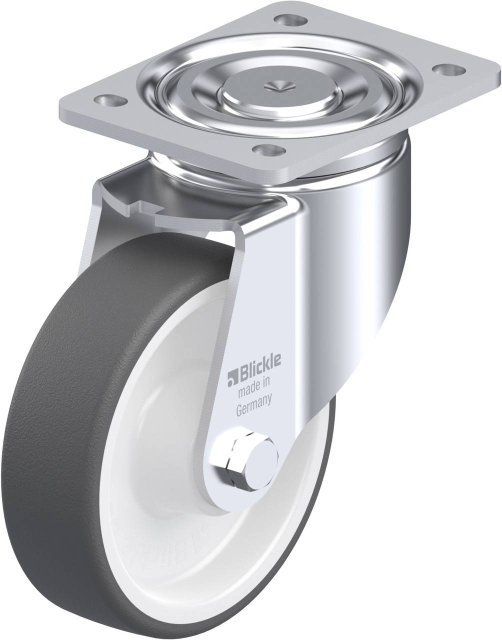 Ein silbernes Lenkrollenrad mit grauer Gummibereifung, montiert in einer Halterung. Text auf Halterung: 'Blickle made in Germany'.