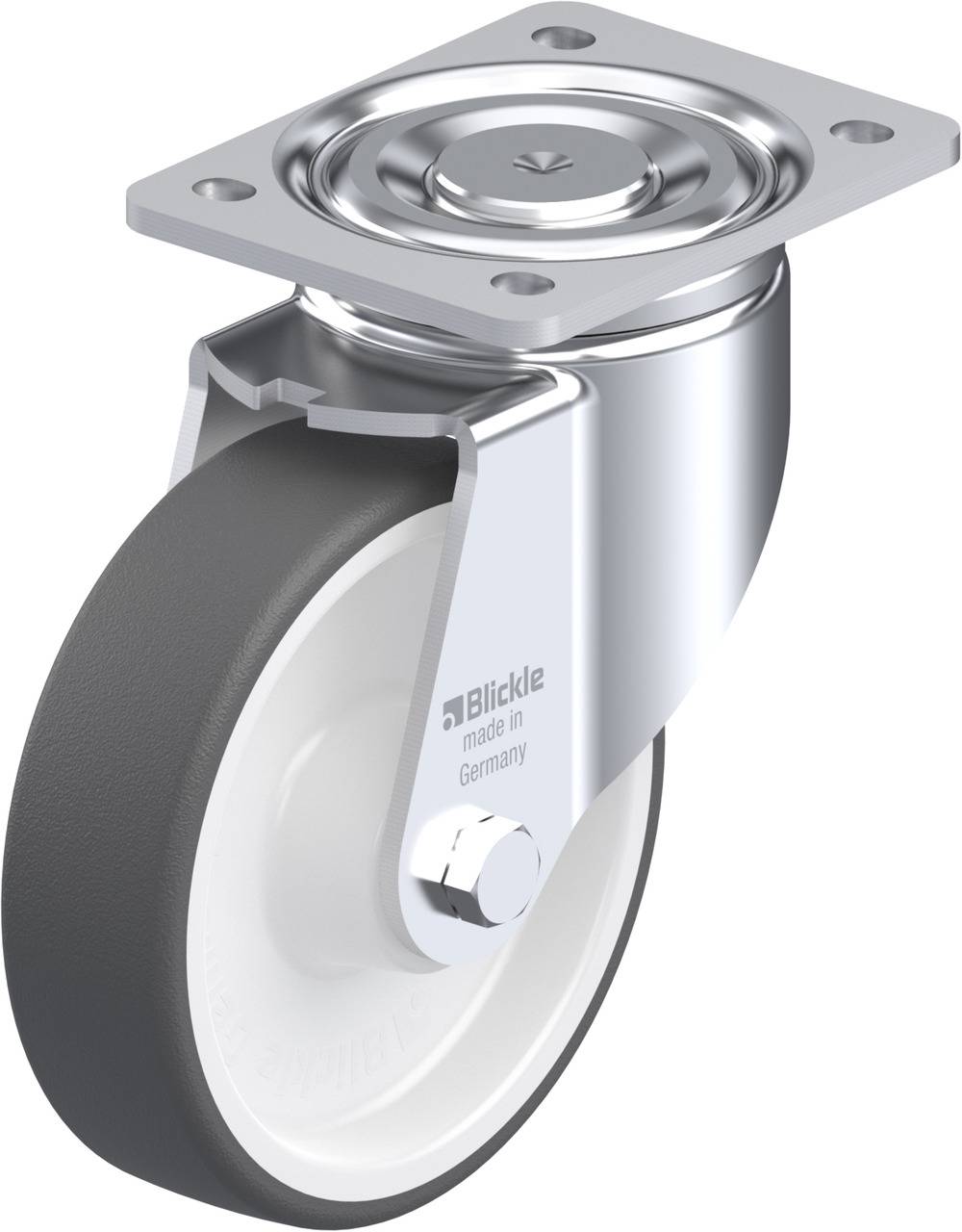 Schwenkrolle aus Metall mit grauem Gummirad, geeignet für Möbel oder Geräte in Innenräumen, von Marke namens 'Blickle'.