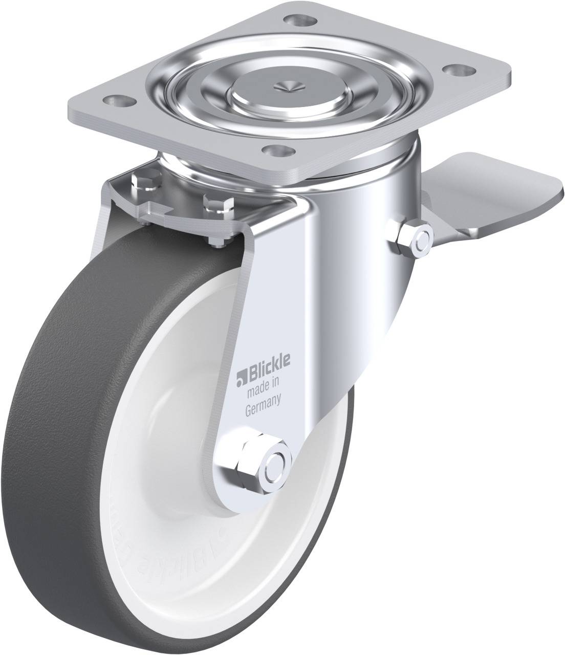 Schwenkrolle aus Metall mit grauem Rad, hergestellt in Deutschland. Verfügt über eine Befestigungsplatte und einen seitlichen Feststeller.