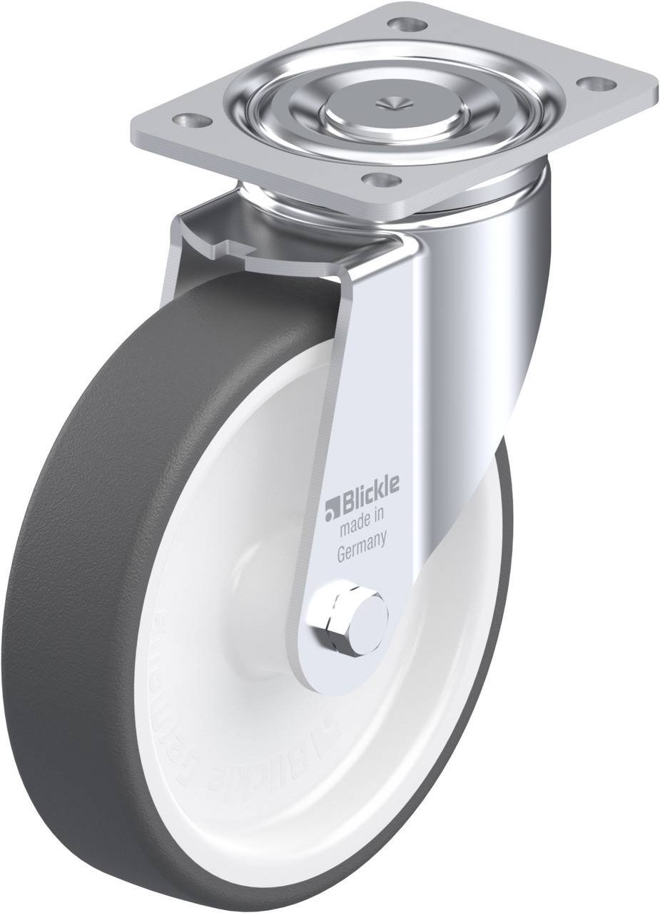 Metallrolle mit schwarzem Rad und Befestigungsplatte, geeignet für industrielle Anwendungen.