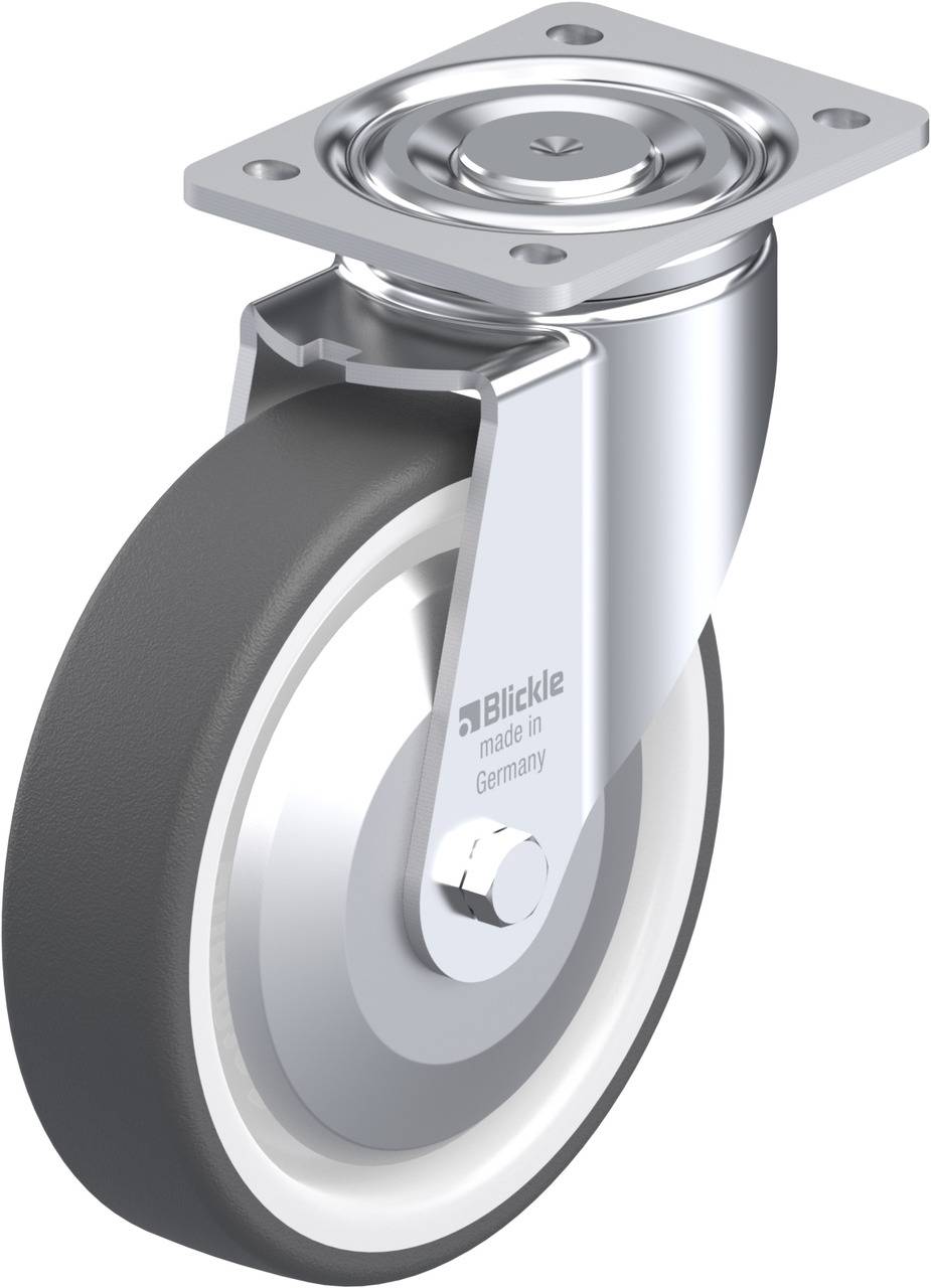 Industrielles Lenkrolle aus Metall und Kunststoff, mit Aufschrift 'Blickle, made in Germany'. Sie hat eine glatte, graue Lauffläche.
