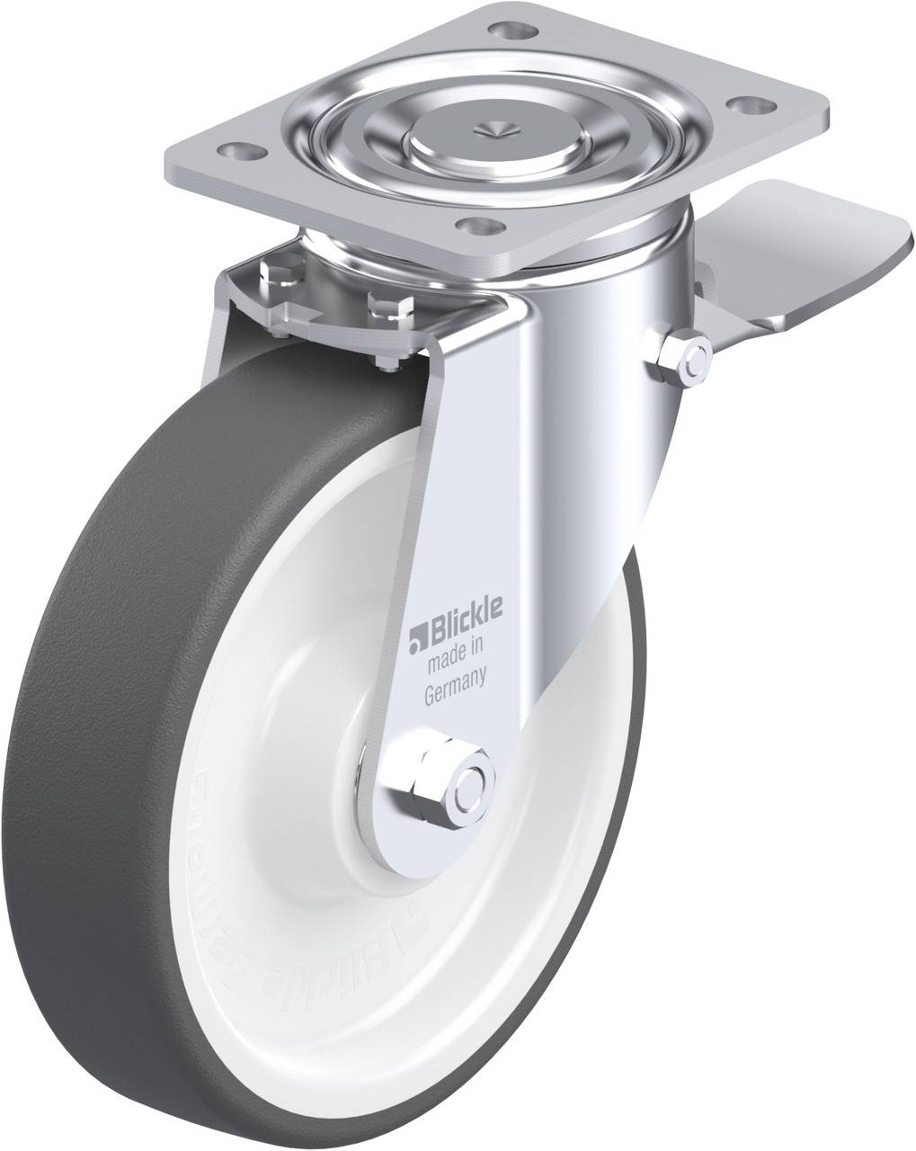 Industriegebremstes Lenkrolle mit grauem Rad, montiert an einer Metallplatte. Gravur: 'Blickle, made in Germany'.
