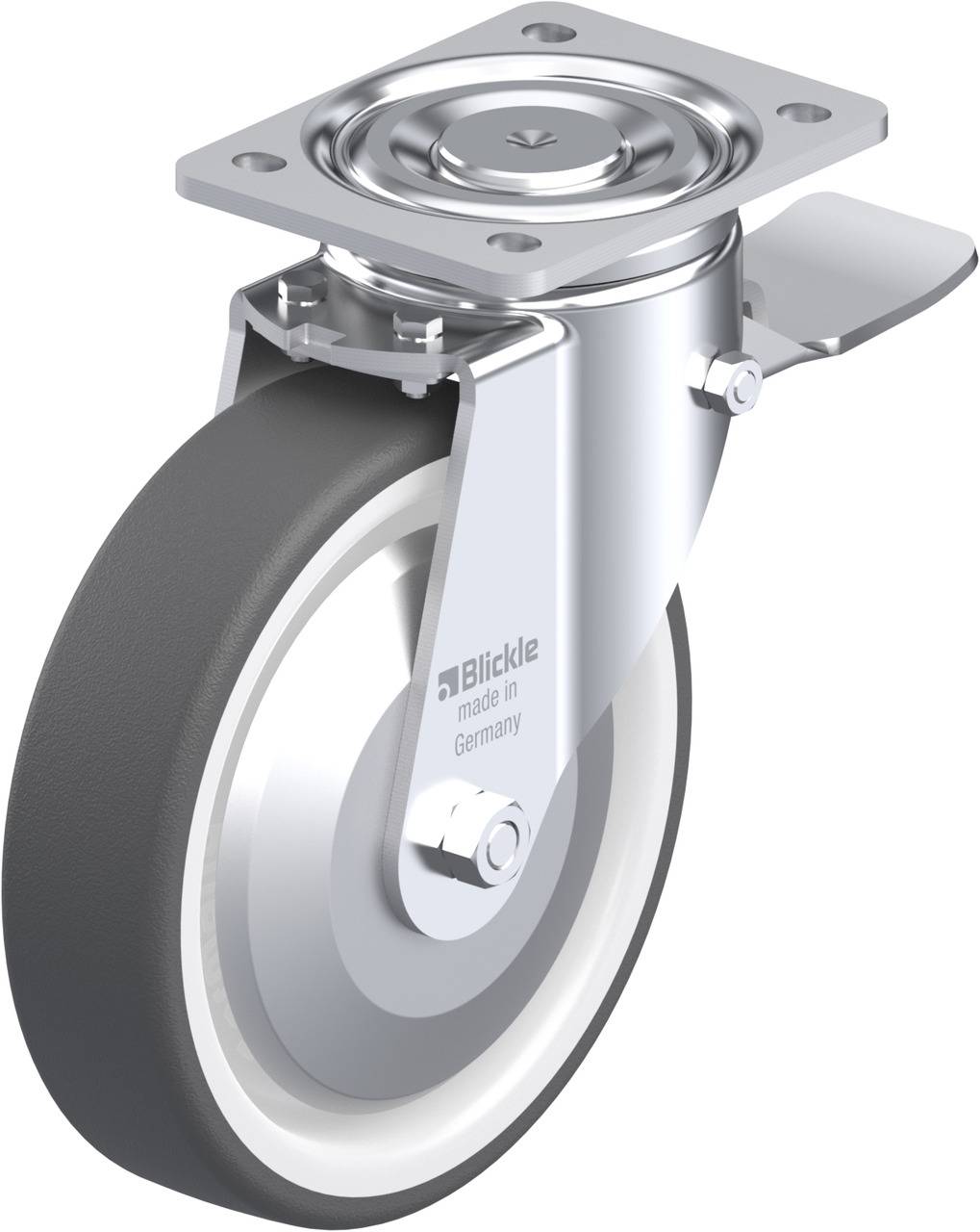 Industrie-Lenkrolle mit grauem Rad, befestigt an einer Metallplatte mit Blinkle-Logo. Herstellungsland: Deutschland.