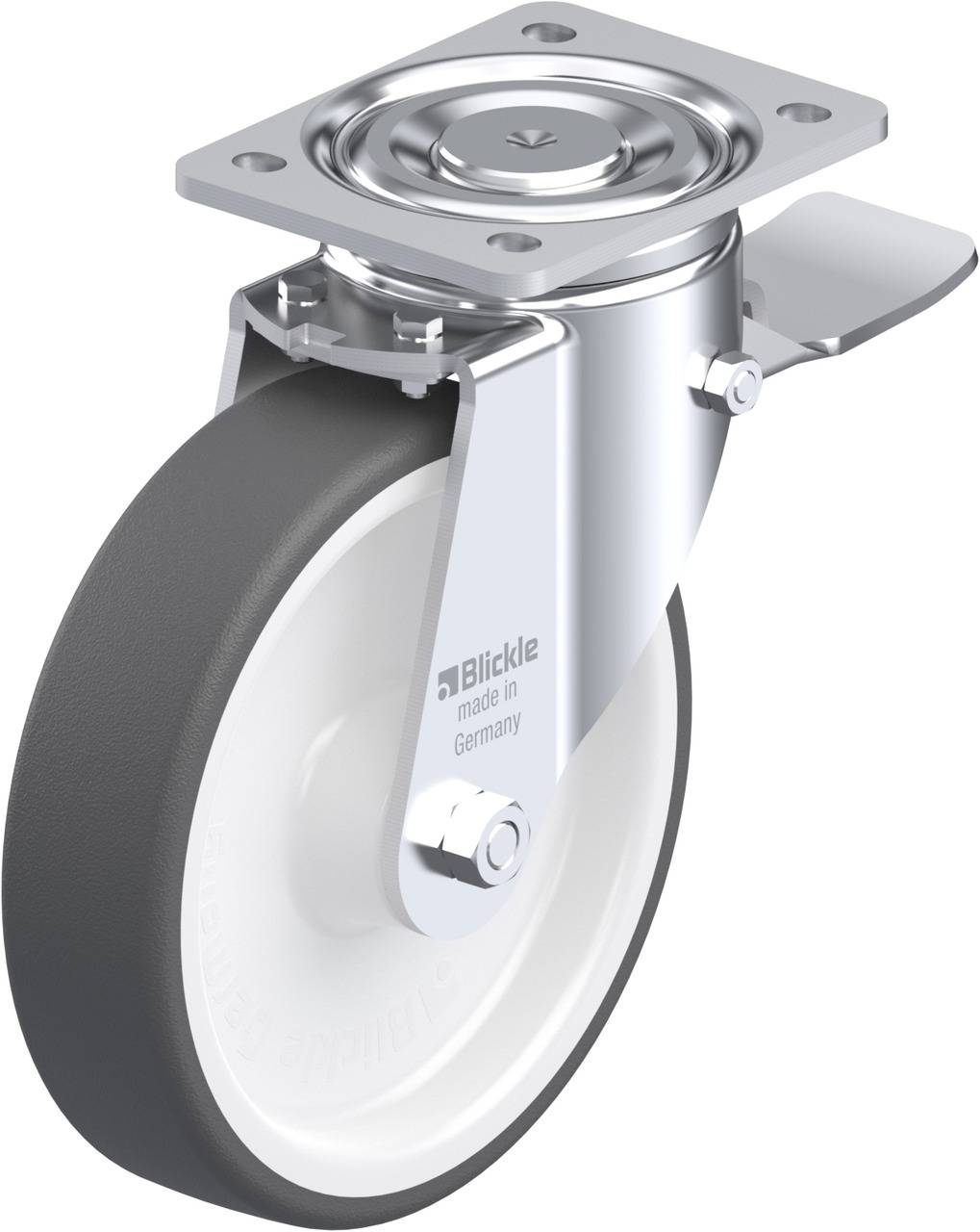 Industrie-Lenkrolle mit Bremse, silbernes Gehäuse und weiße Lauffläche, Aufschrift 'Blickle - made in Germany'.