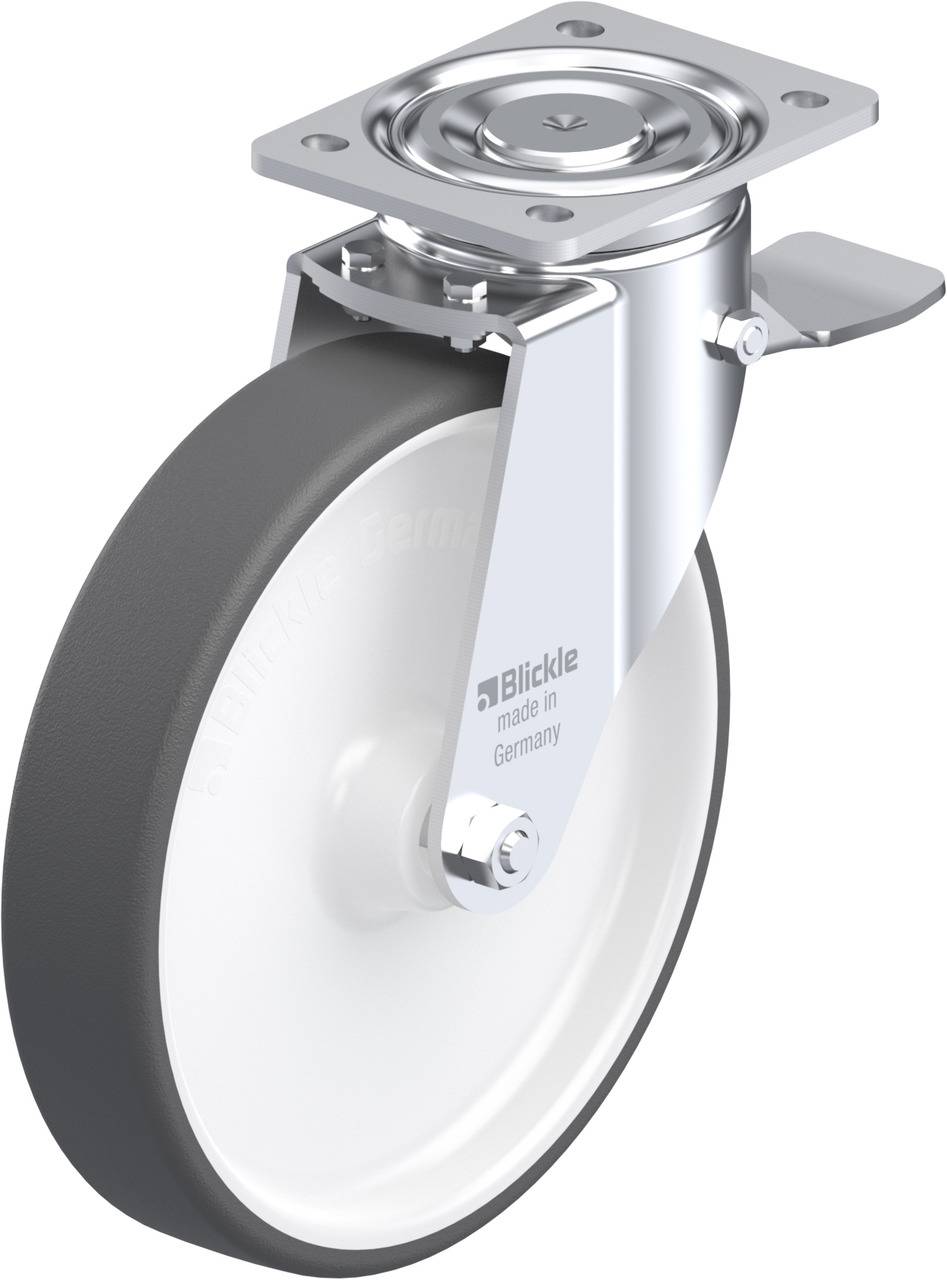 Eine Metallrolle mit grauem Gummi, montiert auf einer Drehscheibe. Oberhalb ist eine Bremse sichtbar.