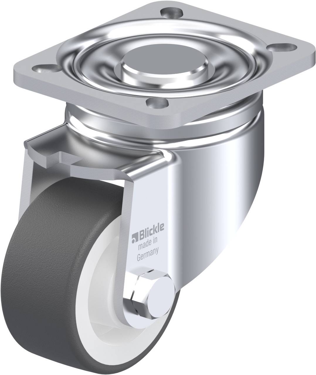 Metallisches, schwenkbares Lenkrollenrad mit grauem Gummireifen, geeignet für Möbel und Transportwagen. Markenname ist teilweise sichtbar.