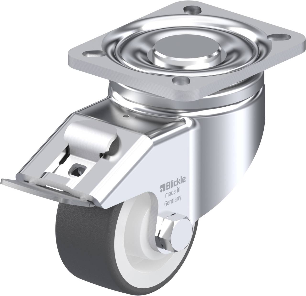 Schwenkrolle mit rechteckiger Montageplatte aus Metall und einer gummierten Lauffläche. Markiert mit 'Blickle made in Germany'.