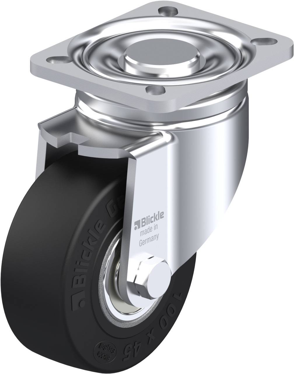 Schwenkrolle aus Metall mit schwarzem Rad, geeignet für Industriegeräte, hergestellt in Deutschland.
