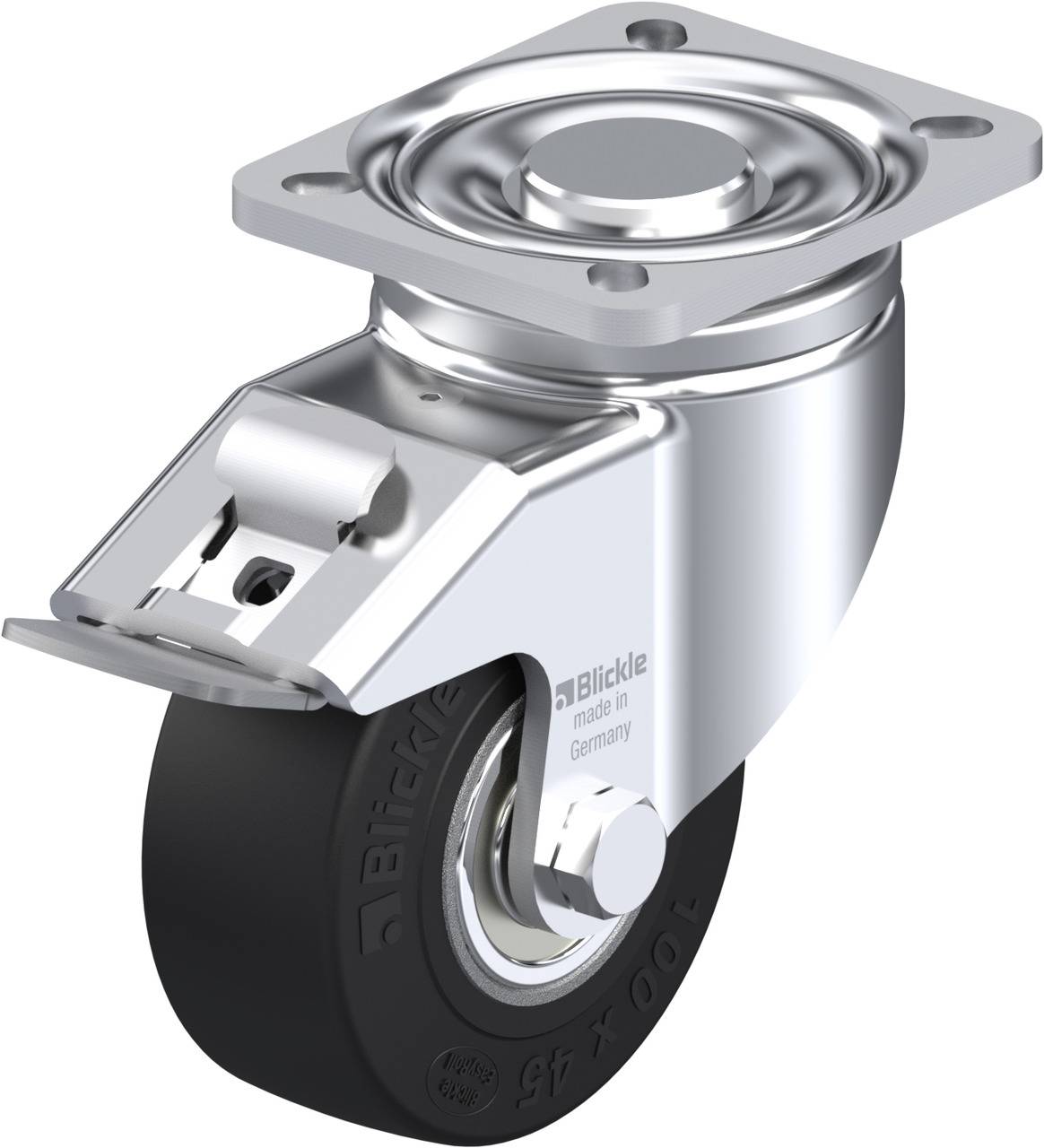 Schwenkrolle aus Metall mit schwarzem Rad für Möbel oder Geräte. Oben eine Montageplatte. Geeignet für einfache Bewegung und Manövrierfähigkeit.