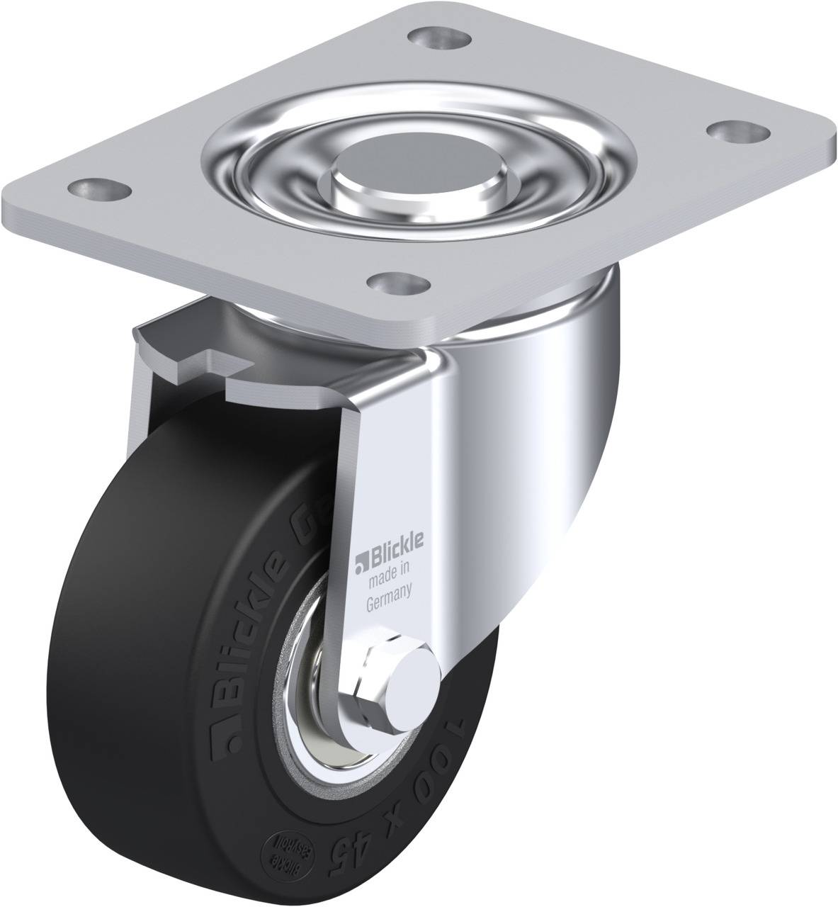 Metallrolle mit schwarzem Rad und Montageplatte, geeignet für Möbel oder Geräte. Klarer industrieller Stil, robustes Design.