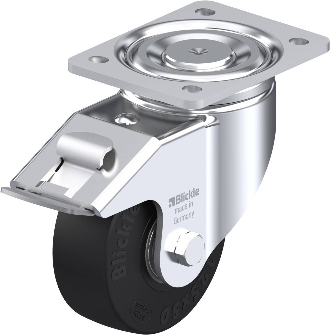 Eine schwenkbare Lenkrolle mit grauer Metallhalterung und schwarzem Rad. Aufschrift 'Blickle made in Germany'.