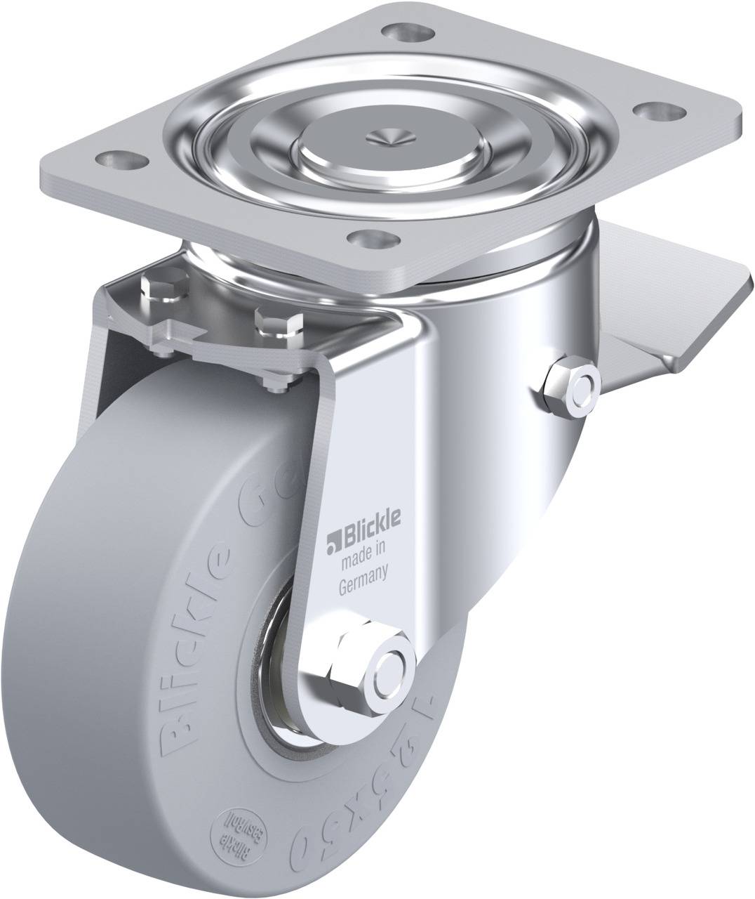 Schwenkrolle aus Metall mit grauem Rad und Platte zur Befestigung, hergestellt in Deutschland, von 'Blickle'.