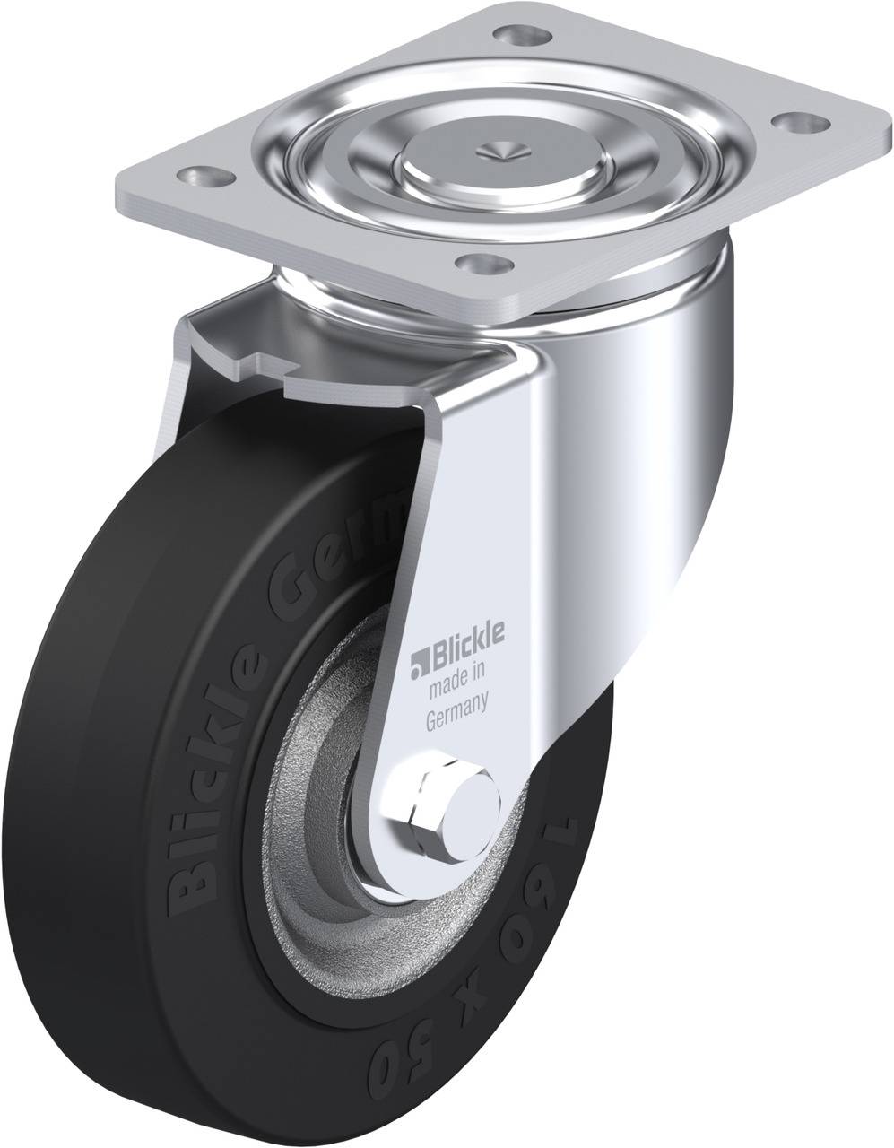 Metallisch glänzende Lenkrolle mit schwarzem Gummirad, geeignet für Möbel oder Industrieanwendungen. Markiert mit 'Blickle Germany'.