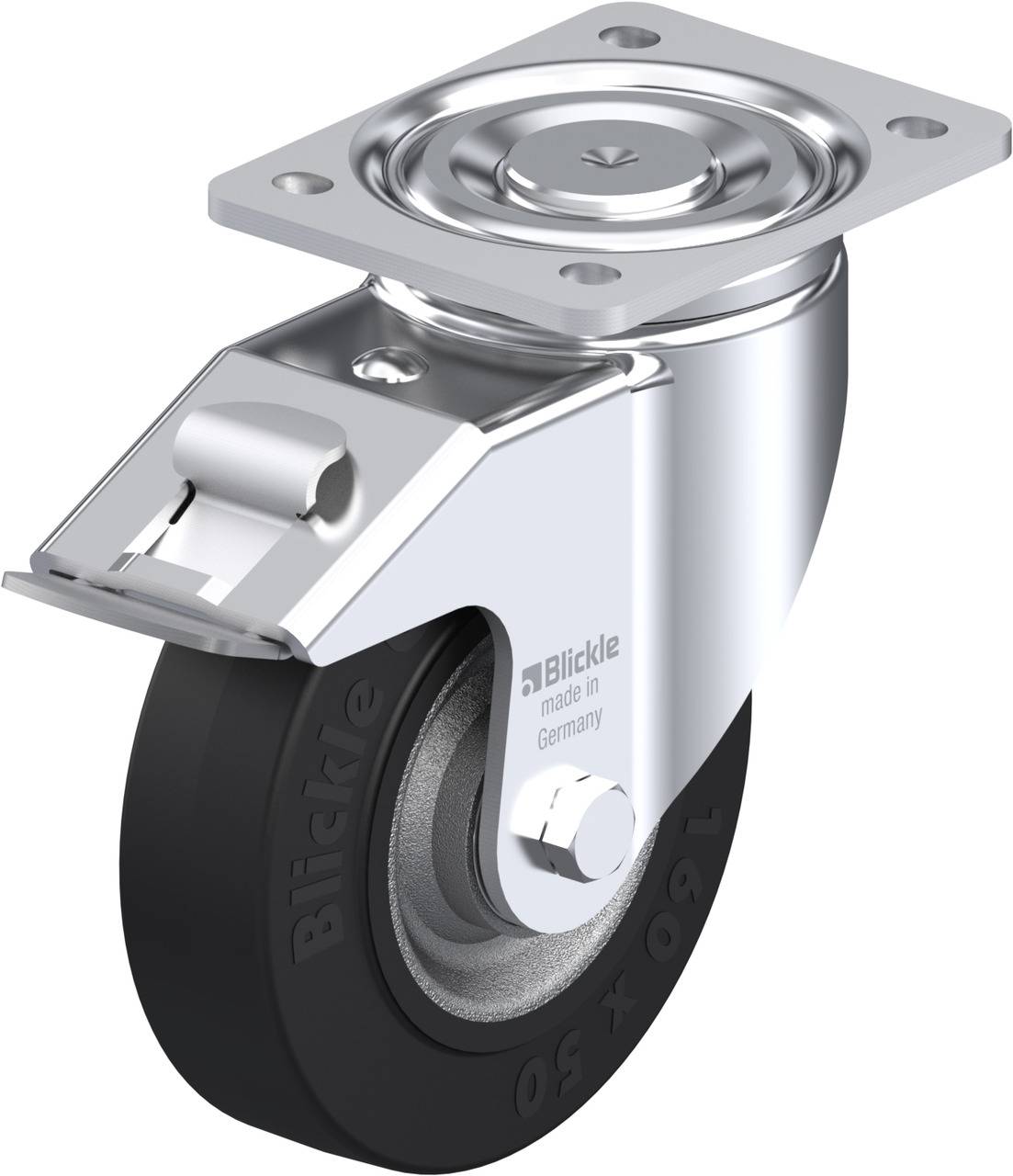 Das Bild zeigt eine drehbare Rollenlenkrolle mit schwarzem Rad und metallischem Gehäuse. Auf dem Gehäuse steht 'Blickle made in Germany'.