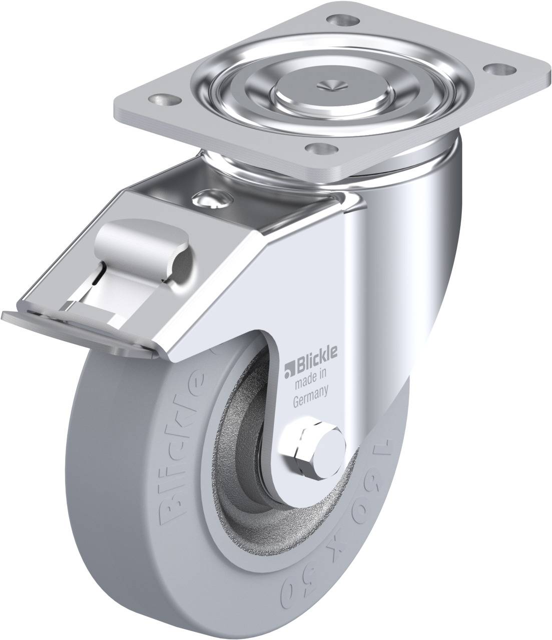 Metallisches Lenkrollenrad mit grauem Gummi, montiert auf einer rechteckigen Metallplatte.
