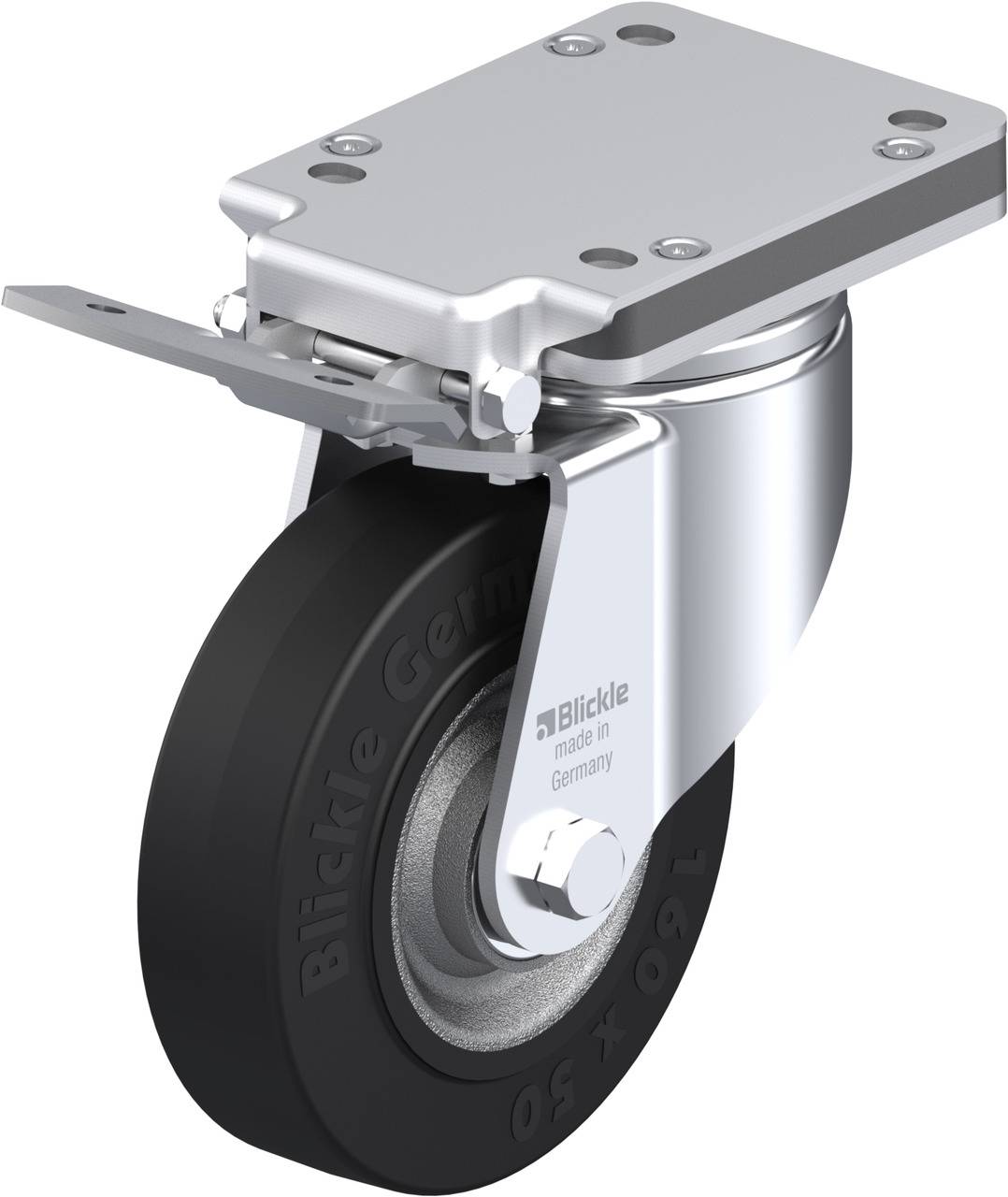 Rolle mit robustem Metallgehäuse und schwarzem Gummirad, geeignet für Möbel oder Transportgeräte, mit Aufschrift 'Blickle'.