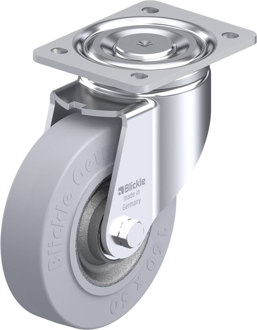 Schwenkrolle aus Metall und Kunststoff mit rechteckiger Befestigungsplatte. Aufschrift zeigt 'Blickle made in Germany'.