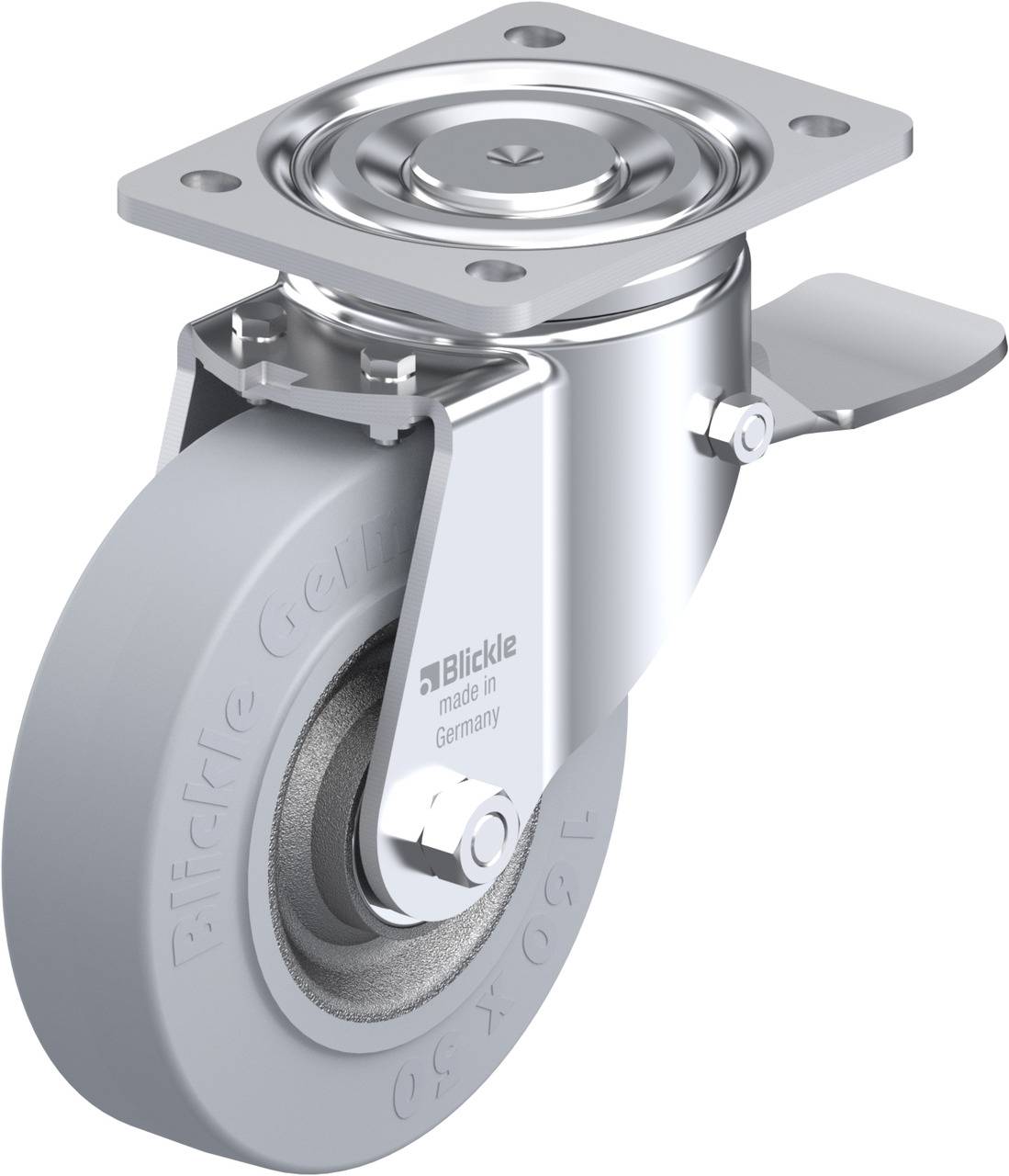 Drehbare Transportrolle aus Metall mit grauem Rad und Anschraubplatte, geeignet für industrielle Anwendungen.
