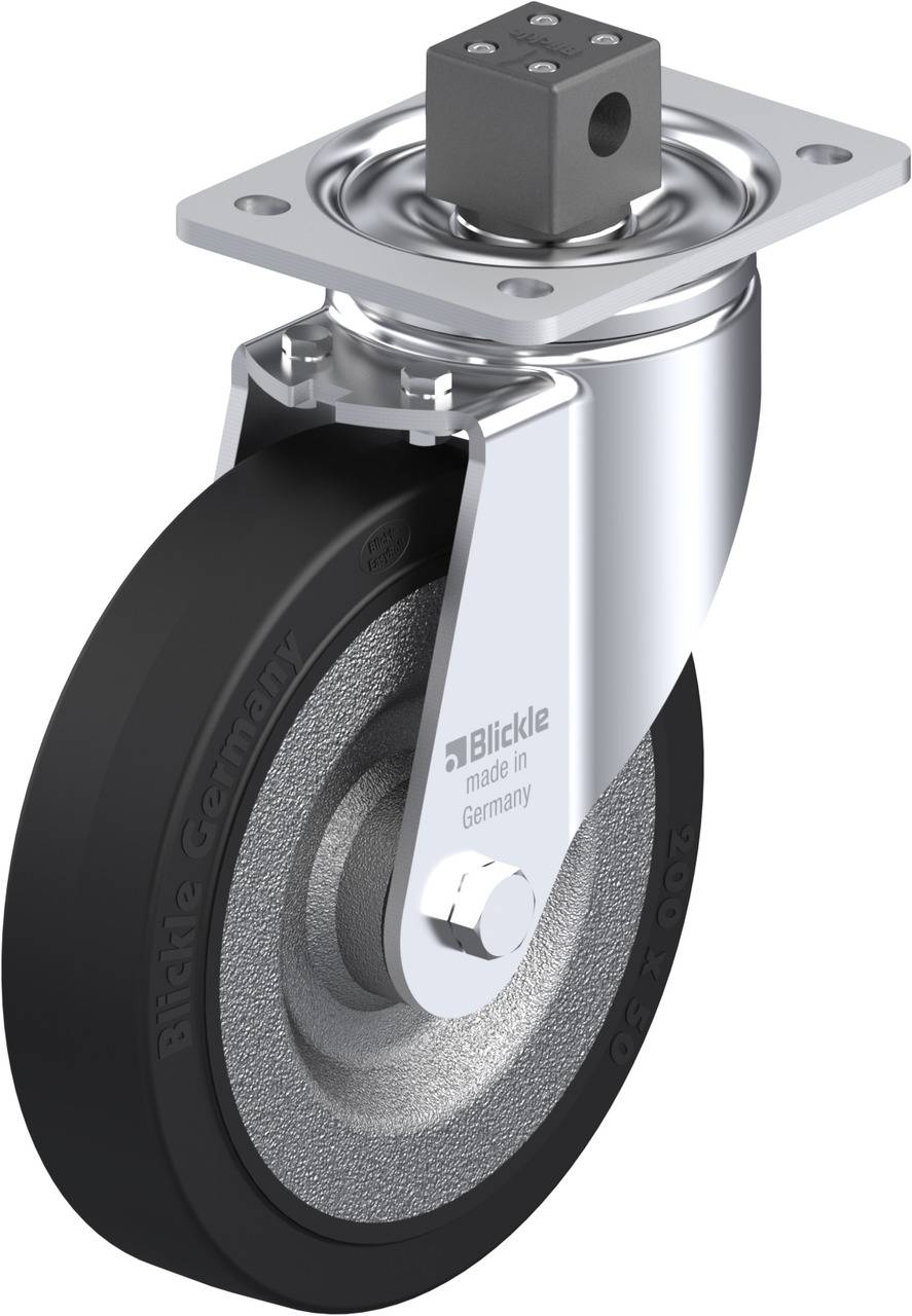 Metallenes Rad mit schwarzem Reifen und silbernem Gehäuse. Markiert mit 'Blickle made in Germany'. Rolle für Möbel oder Geräte.