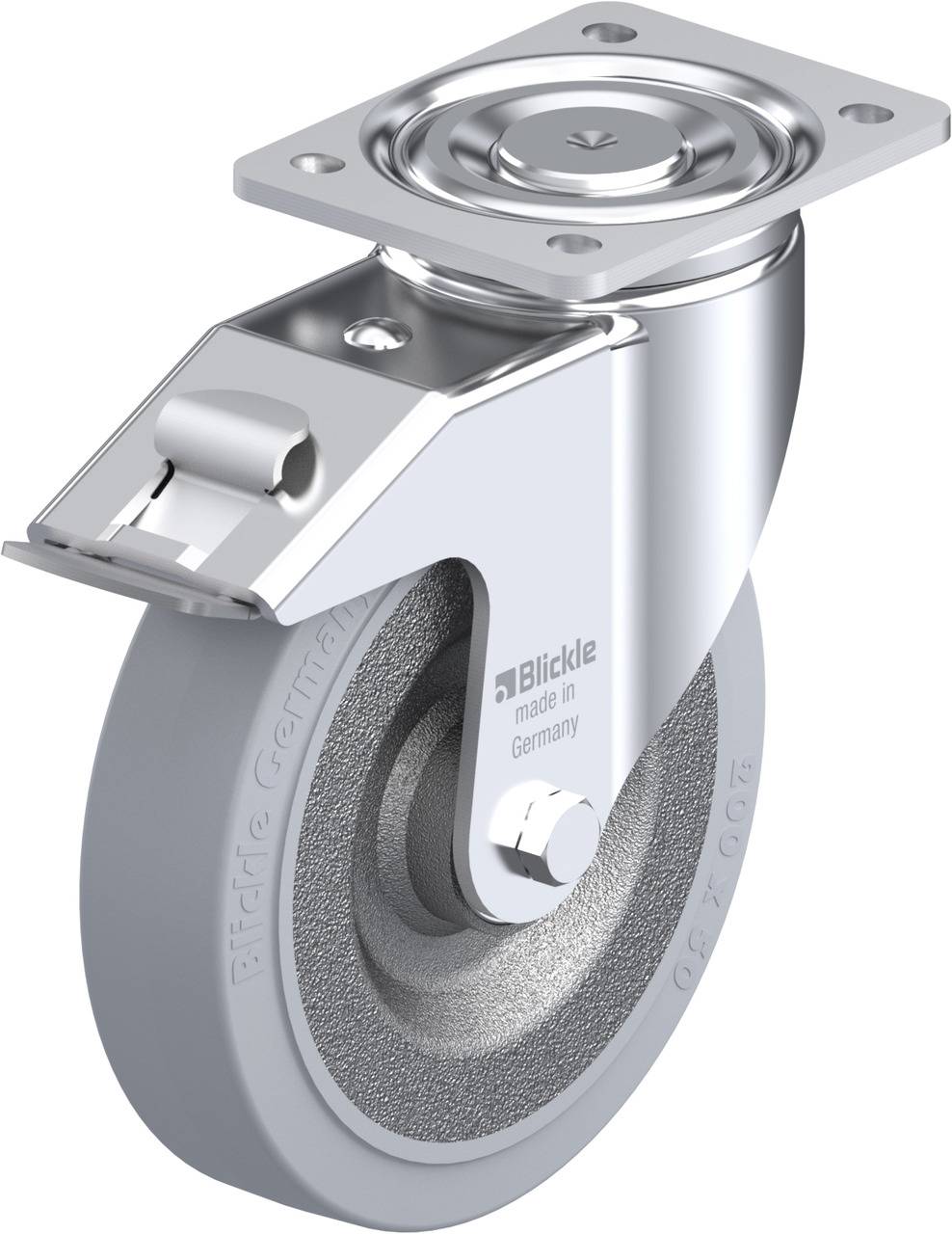 Metallisches Lenkrad mit grauer Gummibereifung und Befestigungsplatte. Aufdruck: 'Blickle, made in Germany'.