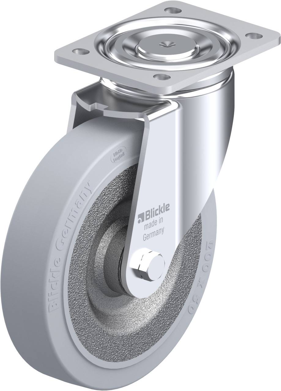 Graues Lenkrad aus Gummi mit Metallhalterung und Platte zur Befestigung. Aufschrift 'Blickle made in Germany'.