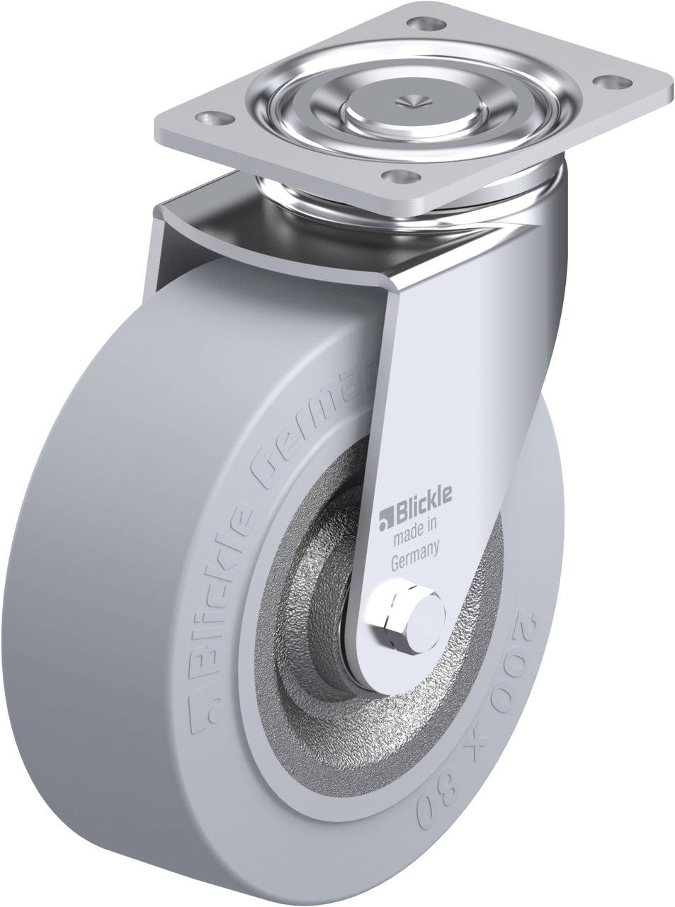 Industrie-Lenkrolle aus Metall mit grauem Rad, Plattenbefestigung und sichtbarer Prägung 'Blickle made in Germany'.