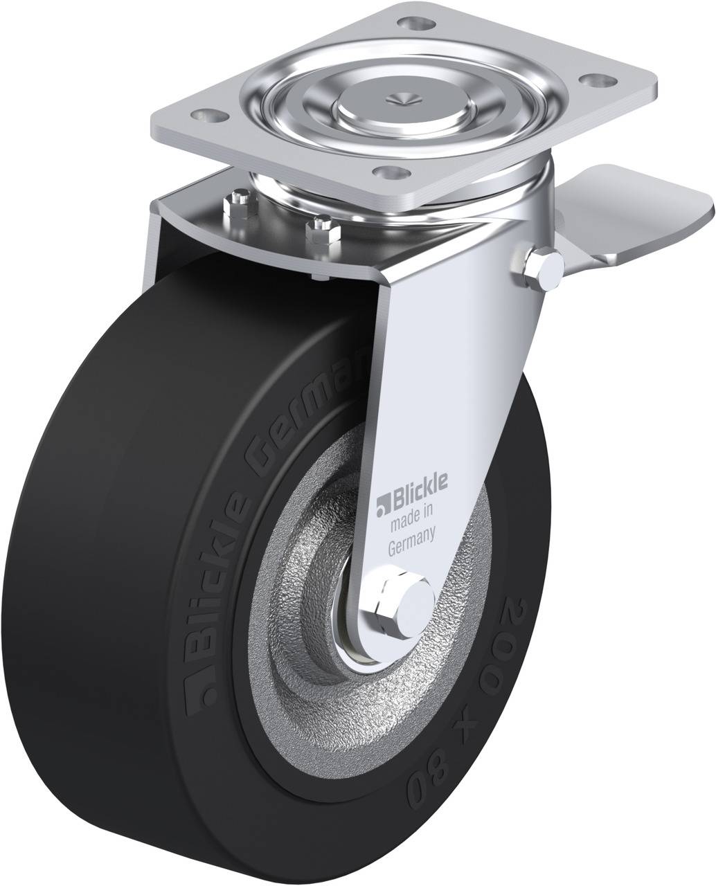 Schwenkrolle mit schwarzem Rad, Metallscheibe und Bremse. Aufdruck: 'Blickle made in Germany'.