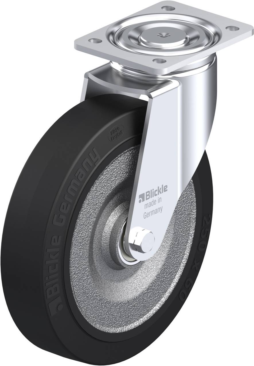 Industrie-Rolle von Blickle, schwarz mit silbernem Gehäuse, Aufschrift 'made in Germany'. Hochbelastbar, geeignet für Transport.